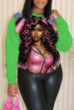 Green Red Christmas Casual Figure Print Round Neck Long Sleeve Tops Sweatshirts