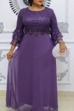 Purple Sequin Lace Waist Sheer Triple Layer Flared Sleeves Wedding Guest Evening Party Chiffon Maxi Dress