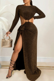 Black O Neck Long Sleeve Hollow Out High Slit Strap Design Cocktail Party Loose Fit Maxi Dress