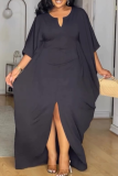 Black V Neck Batwing Sleeve Floor Length Front High Slit Casual Outing Loose Maxi Dress