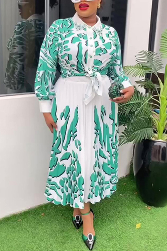 Green Elegant Zebra Print Buckle Ruched Turndown Collar Long Sleeve Shirts and Long Skirts Two Pieces Dress Sets