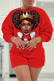 Red Black Casual Figure Print Basic Round Neck Long Sleeve Sweatshirts and Shorts Two Pieces Sets