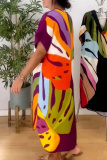 Black Leaf Print V Neck Half Sleeve Casual Outing Straight Loose Maxi Dress