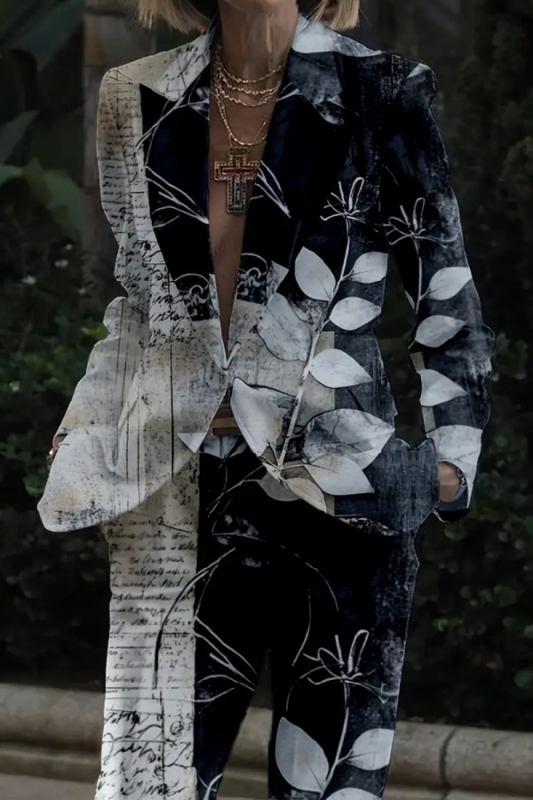 Purple Office Lady Casual Leaf Print Button up Turn-back Collar Long Sleeve Suits and Pants Two Pieces Matching Sets