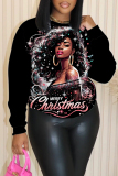 Green Red Christmas Casual Figure Print Round Neck Long Sleeve Tops Sweatshirts