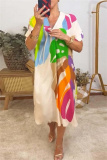 Black Leaf Print V Neck Half Sleeve Casual Outing Straight Loose Maxi Dress