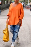 Orange Loose Woolen Weaving Slit V Neck Long Sleeve Tops Blouses Knit Sweater Fall Winter Blouses