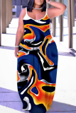 Blue Orange Graphic Print Sleeveless Backless Spaghetti Strap Floor Length Casual Outing Straight Loose Maxi Dress