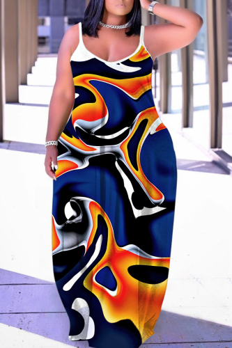 Blue Orange Graphic Print Sleeveless Backless Spaghetti Strap Floor Length Casual Outing Straight Loose Maxi Dress