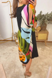 Black Leaf Print V Neck Half Sleeve Casual Outing Straight Loose Maxi Dress