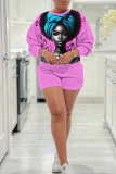 Dark Blue Casual Figure Print Round Neck Long Sleeve Sweatshirts and Shorts Two Pieces Matching Sets