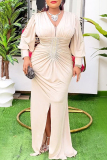 Champagne V-Neck Balloon Sleeves Front Ruched Rhinestone Decor High Waist Front Slit Plus Size Formal Party Maxi Dress