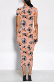Multicolor Geometric Flowers Print O Neck Short Sleeve Casual Outing Bodycon T Shirt Midi Dress