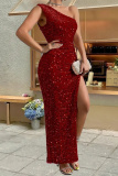 Pink Sleeveless One-Shoulder High Slit Ruched Side Formal Wedding Party Bodycon Shiny Sequins Maxi Dress