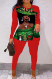 Red Brown Skinny Casual Figure Print Basic Round Neck Long Sleeve Tops and Pants Two Pieces Matching Sets