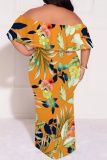 Black Purple Graphic Print Off Shoulder Drap Sleeve Patchwork Floor Length Casual Outing Plus Size Vacation Loose Fit Straight Maxi Dress