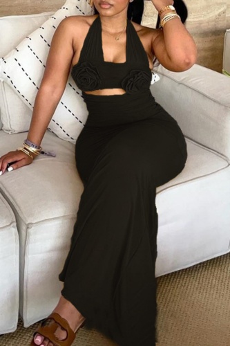 Black Sleeveless Backless Hollow Out Flower Decor Lace Up Evening Party Halter Bodycon Maxi Dress