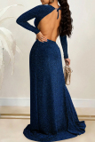 Black O Neck Long Sleeve Hollow Out High Slit Strap Design Cocktail Party Loose Fit Maxi Dress