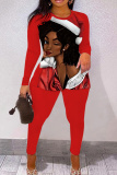 Red Brown Skinny Casual Figure Print Basic Round Neck Long Sleeve Tops and Pants Two Pieces Matching Sets