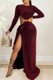 Black O Neck Long Sleeve Hollow Out High Slit Strap Design Cocktail Party Loose Fit Maxi Dress