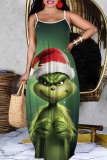 Green Christmas Grinch Outfits Sleeveless Backless Spaghetti Strap Floor Length Casual Outing Straight Loose Maxi Slip Dress