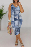 Dark Blue Faux Denim Print V Neck Sleeveless Casual Outing Bodycon Midi Slip Dress