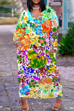 White Red Floral Print V Neck Long Sleeve Ankle Length Casual Outing Plus Size Straight Loose Maxi Dress