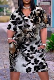 Dark Brown Leopard Graphic Print V Neck Short Sleeve Casual Outing Straight T Shirt Midi Dress