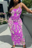 Purple Floral Graphic Print Sleeveless Backless Spaghetti Strap Floor Length Casual Outing Straight Loose Maxi Slip Dress