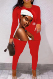 Red Brown Skinny Casual Figure Print Basic Round Neck Long Sleeve Tops and Pants Two Pieces Matching Sets