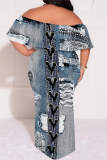 Dark Blue Faux Denim Print Ruffle Sleeve Off Shoulder Loose Fit Casual Outing Plus Size Maxi Dress