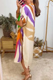 Black Leaf Print V Neck Half Sleeve Casual Outing Straight Loose Maxi Dress
