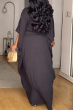 Black V Neck Batwing Sleeve Floor Length Front High Slit Casual Outing Loose Maxi Dress