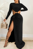 Black O Neck Long Sleeve Hollow Out High Slit Strap Design Cocktail Party Loose Fit Maxi Dress