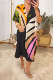 Black Leaf Print V Neck Half Sleeve Casual Outing Straight Loose Maxi Dress