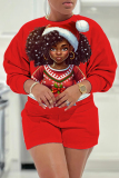 Red Black Casual Figure Print Basic Round Neck Long Sleeve Sweatshirts and Shorts Two Pieces Sets