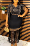 Black V-neckline Fringe Trim Geometric Gold Hot Drill Waist with Belted Fringe Hem Bodycon Plus Size Cocktail Party Maxi Dress