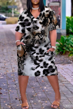 Dark Brown Leopard Graphic Print V Neck Short Sleeve Casual Outing Straight T Shirt Midi Dress