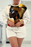 White Casual Figure Print Basic Round Neck Long Sleeve Sweatshirts and Shorts Two Pieces Matching Sets