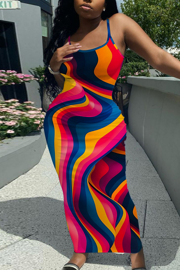 Multicolor Graphic Print Sleeveless Backless Spaghetti Strap Floor Length Casual Outing Bodycon Maxi Slip Dress