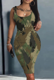 Purple Graphic Print Sleeveless U Neck Spaghetti Strap Casual Outing Bodycon Pencil Tank Midi Dress