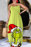 Green Christmas Grinch Outfits Sleeveless Backless Spaghetti Strap Floor Length Casual Outing Straight Loose Maxi Slip Dress