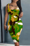 Green Graphic Print Sleeveless U Neck Spaghetti Strap Casual Outing Bodycon Pencil Tank Midi Dress