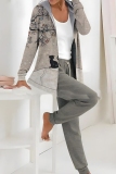 Purple Casual Floral Print  Hooded Long Sleeve Cardigan and Pants Two Pieces Matching Sets