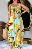 Black Blue Floral Print Sleeveless Backless Spaghetti Strap Floor Length Casual Outing Straight Loose Maxi Slip Dress