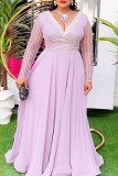 Green Deep V Neck Sheer Sequin Sleeves Cinched Waist A-Line Floor-Length Hem Plus Size Formal Wedding Guest Maxi Dress