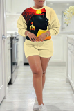 White Casual Figure Print Basic Round Neck Long Sleeve Sweatshirts and Shorts Two Pieces Matching Sets