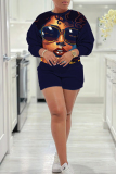 Dark Blue Casual Figure Print Round Neck Long Sleeve Sweatshirts and Shorts Two Pieces Matching Sets