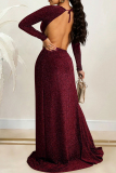 Black O Neck Long Sleeve Hollow Out High Slit Strap Design Cocktail Party Loose Fit Maxi Dress