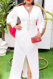 Champagne V-Neck Balloon Sleeves Front Ruched Rhinestone Decor High Waist Front Slit Plus Size Formal Party Maxi Dress